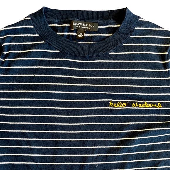 Banana Republic HELLO WEEKEND Silk Cashmere Sweater ~ Navy Blue w/ White Stripes - Picture 3 of 10